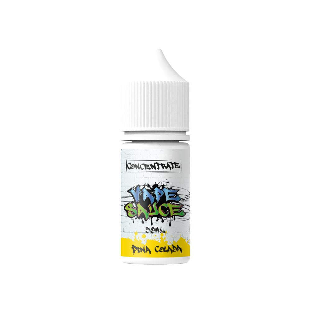Flacon 30ml d'arôme concentré Vape Sauce Pina Colada avec étiquette style graffiti sur fond blanc.