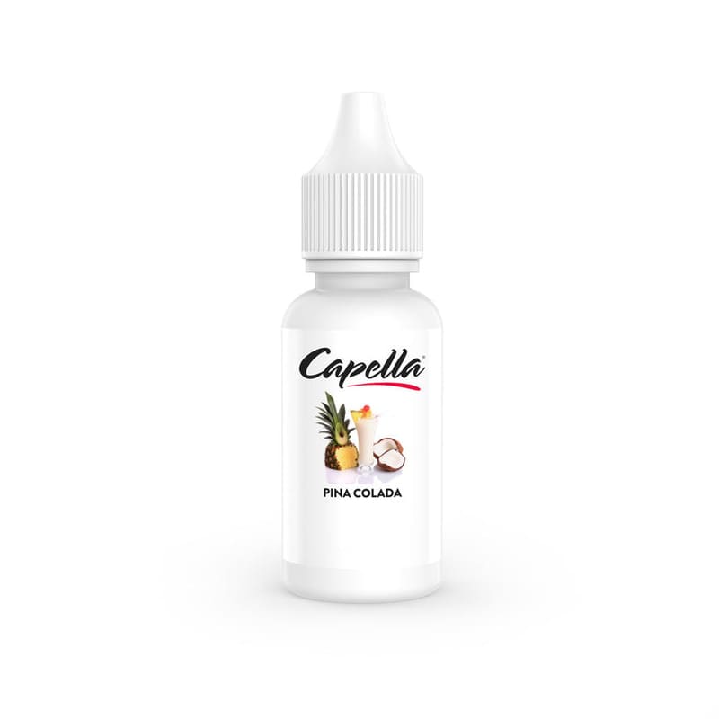 Flacon de 10 ml d'arôme concentré Capella Pina Colada V2 avec bouchon blanc et étiquette illustrée d'un cocktail tropical.