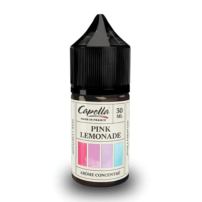 Flacon de 30 ml d'arôme concentré Capella Pink Limonade avec bouchon noir et étiquette colorée sur fond blanc.
