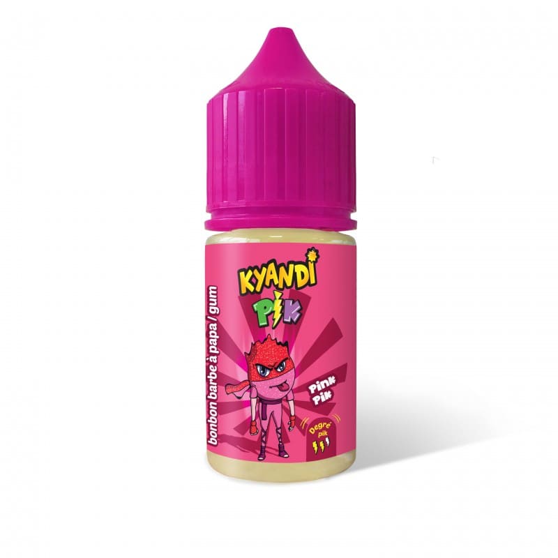 Flacon 30ml d'arôme concentré Pink Pik Kyandi Shop avec bouchon rose et étiquette illustrée barbe à papa et bubble-gum.