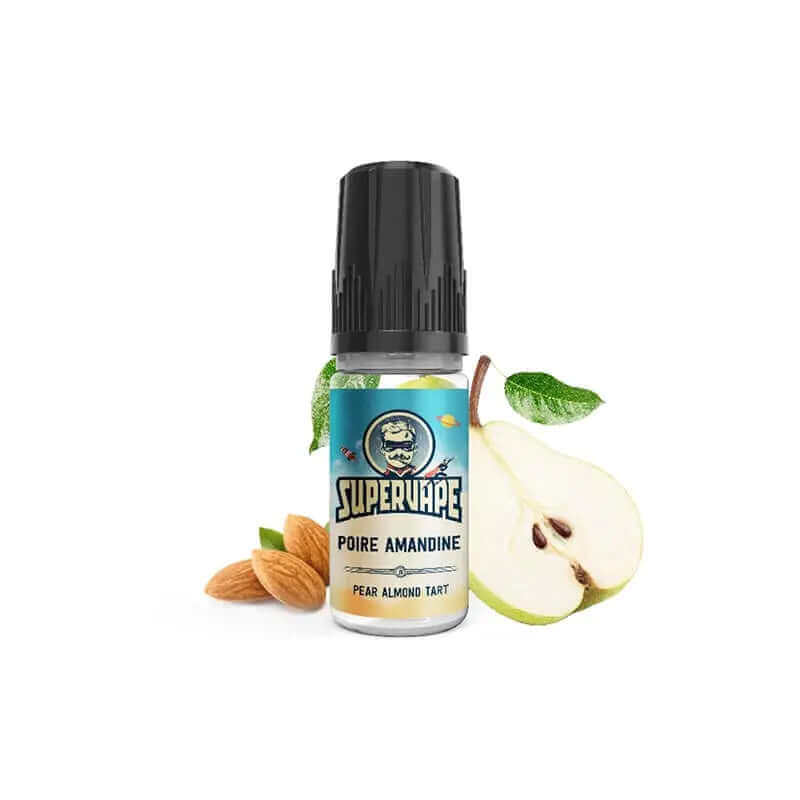 Flacon de 10ml d'arôme Supervape Poire Amandine avec étiquette bleue, illustré par une poire fraîche et des amandes.