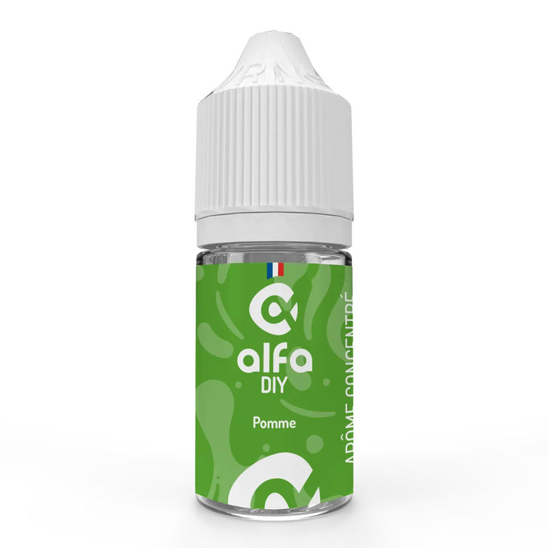 Flacon de 30ml d'arôme concentré Alfa DIY Pomme avec étiquette verte et bouchon blanc sur fond blanc.
