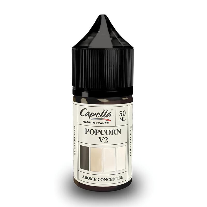 Flacon de 30 ml d'arôme concentré DIY Capella Popcorn V2 avec bouchon noir et étiquette blanche sur fond neutre.