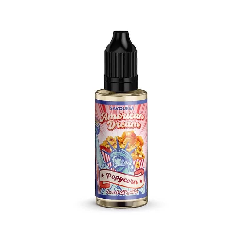 Flacon de 30ml d'arôme concentré Popycorn Savourea avec étiquette illustrée de la Statue de la Liberté et pop-corn.