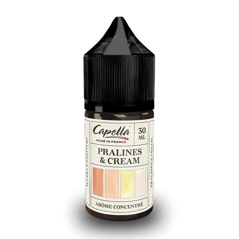 Flacon d'arôme concentré Capella Pralines And Cream 30ml avec bouchon noir sur fond blanc.