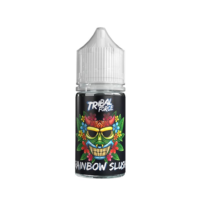 Flacon d'arôme concentré Tribal Force Rainbow Slush avec étiquette noire illustrée d'un masque tribal coloré et de fleurs.