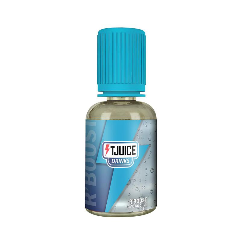 Flacon d'arôme concentré T-Juice R'Boost 30ml avec bouchon bleu et étiquette aux accents énergisants.