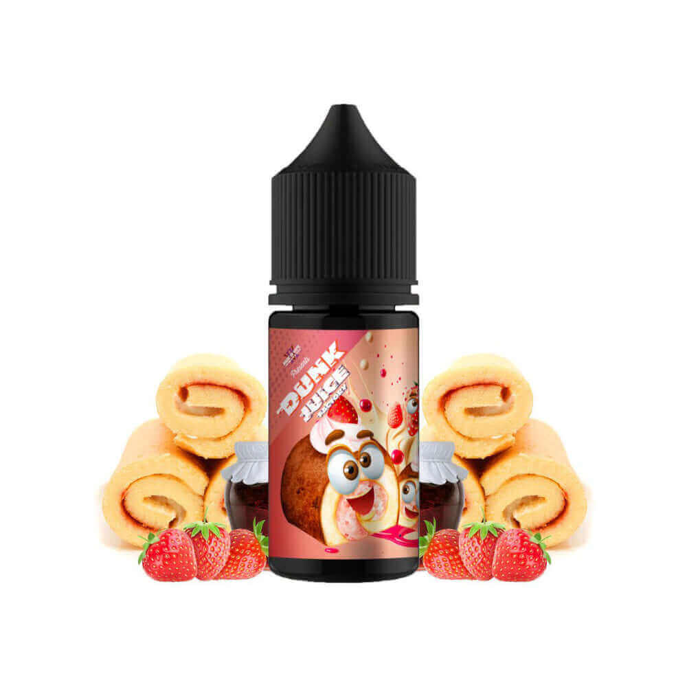 Flacon de 30ml d'arôme concentré Dunk Juice Roulé à la Fraise avec étiquette illustrée de biscuits et fraises fraîches.