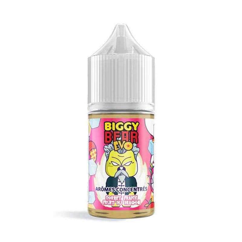 Flacon de 30ml d'arôme concentré Biggy Bear Sorbet Fraise Fruit du Dragon avec étiquette illustrée d'un ours.