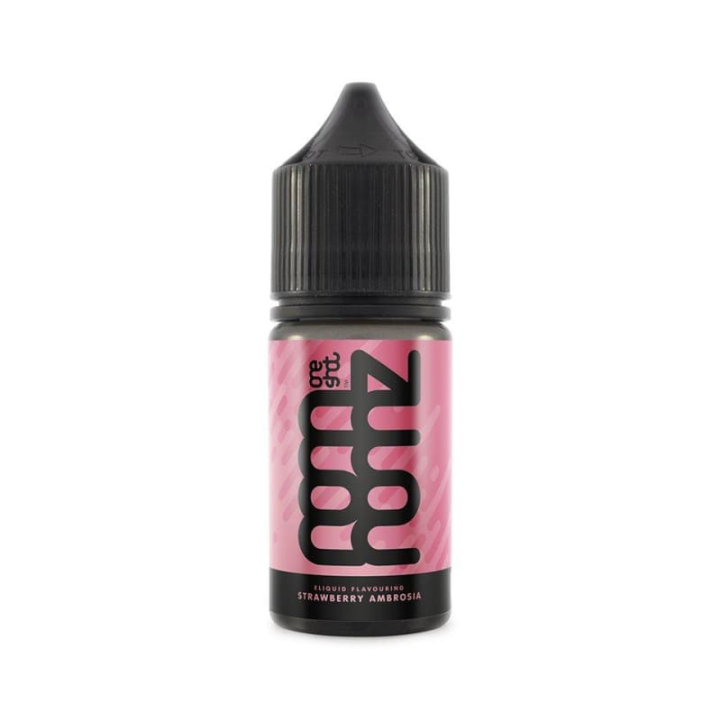 Flacon de 30ml d'arôme concentré Nom Nomz Strawberry Ambrosia avec étiquette rose et bouchon noir sécurisé.