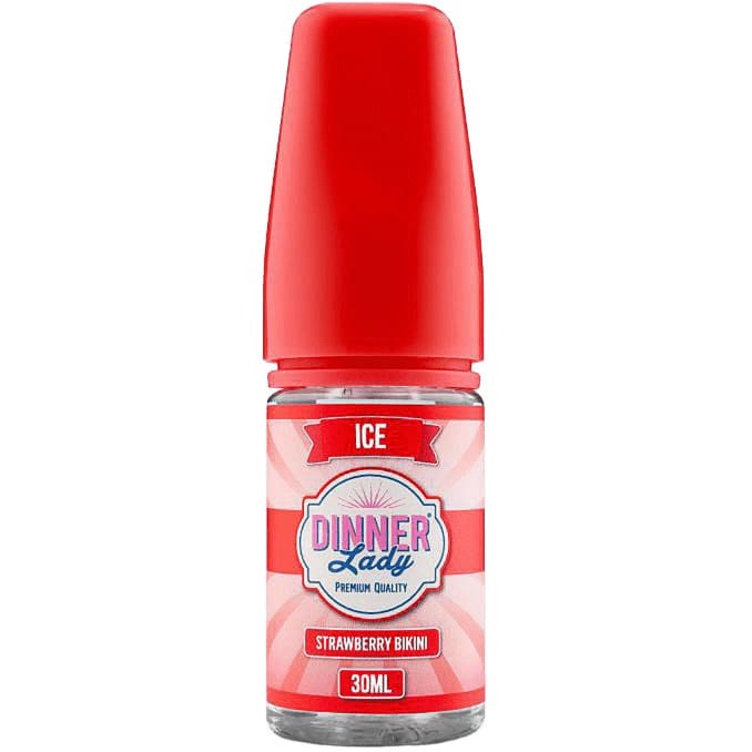 Flacon de 30ml d'arôme concentré Strawberry Bikini Ice Dinner Lady avec bouchon rouge et étiquette rose vintage.