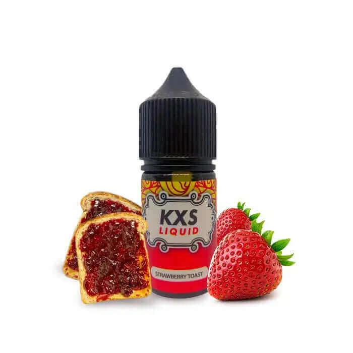 Flacon de 30ml KXS Liquid Strawberry Toast avec illustration de pain grillé à la confiture de fraise et fraises fraîches.