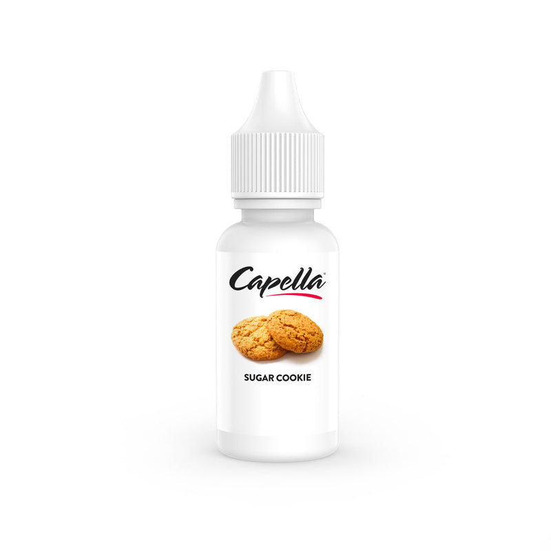 Flacon 10ml d'arôme concentré Capella Sugar Cookie V2 avec bouchon blanc et étiquette illustrée de biscuits sablés.