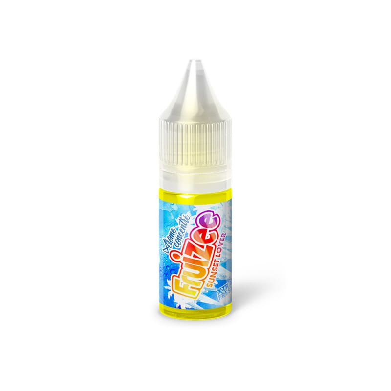 Flacon de 10ml d'arôme concentré Fruizee Sunset Lover avec étiquette bleue et jaune sur fond blanc.