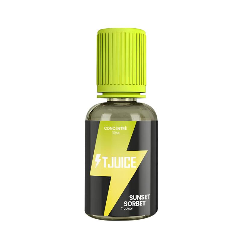 Flacon de 30ml d'arôme concentré T-Juice Sunset Sorbet avec bouchon jaune et étiquette noire à motif d'éclair.