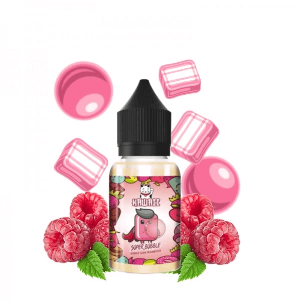 Flacon d'arôme concentré Super Bubble Kawaii 30ml avec illustration de chat, framboises fraîches et bonbons roses.