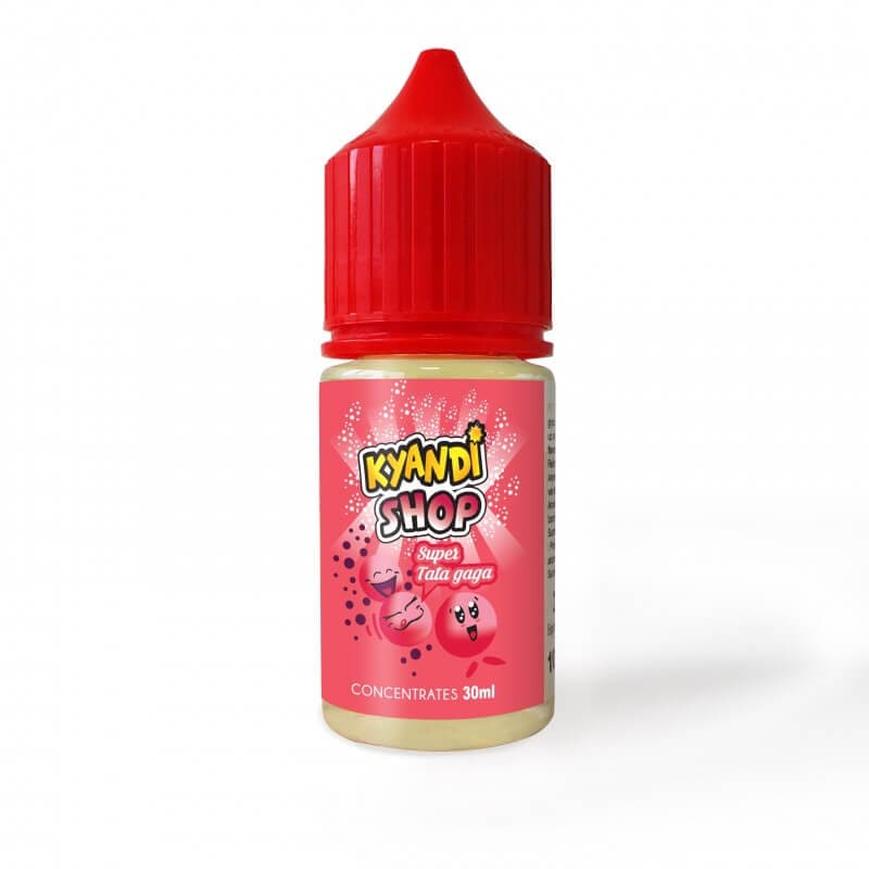 Flacon de 30ml d'arôme concentré Super Tata Gaga Kyandi Shop avec bouchon rouge et étiquette rose bonbon à la fraise.