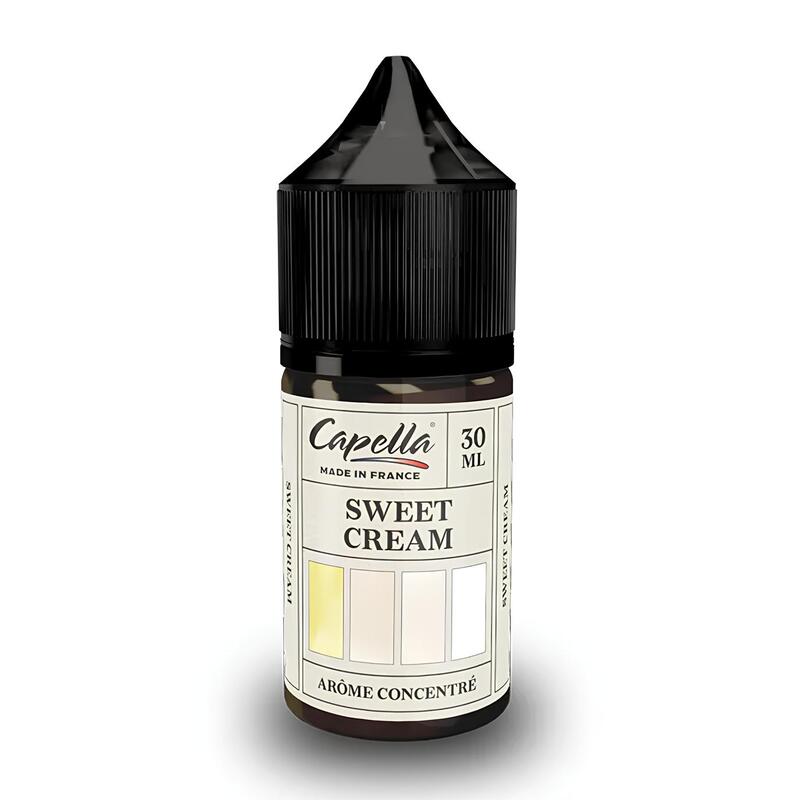 Flacon de 30 ml d'arôme concentré Capella Sweet Cream avec bouchon noir et étiquette blanche sur fond blanc.