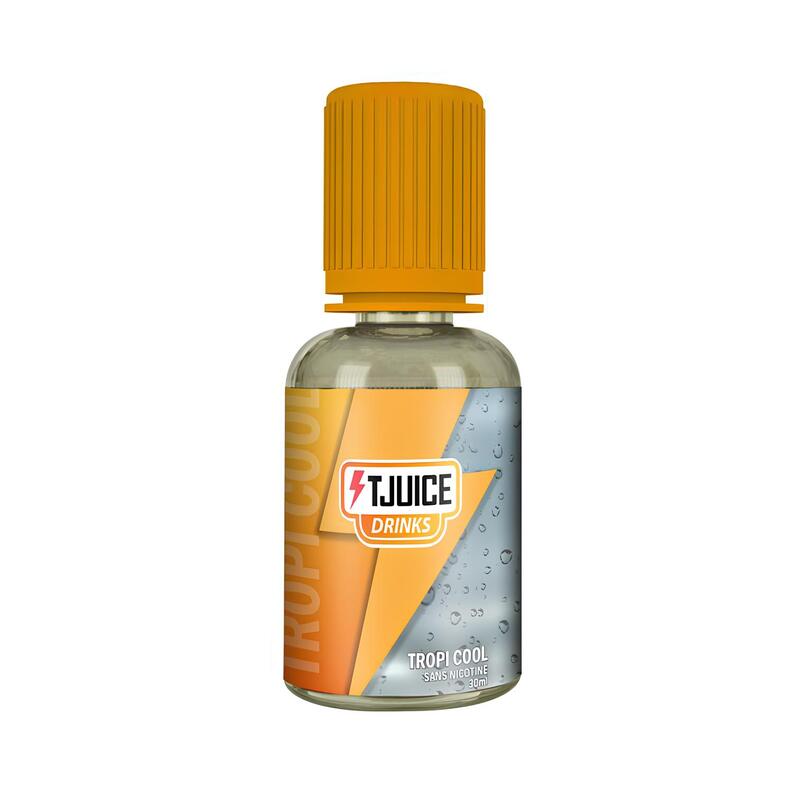 Flacon d'arôme concentré T-Juice Tropi Cool 30ml avec bouchon orange et étiquette aux motifs de gouttes d'eau.