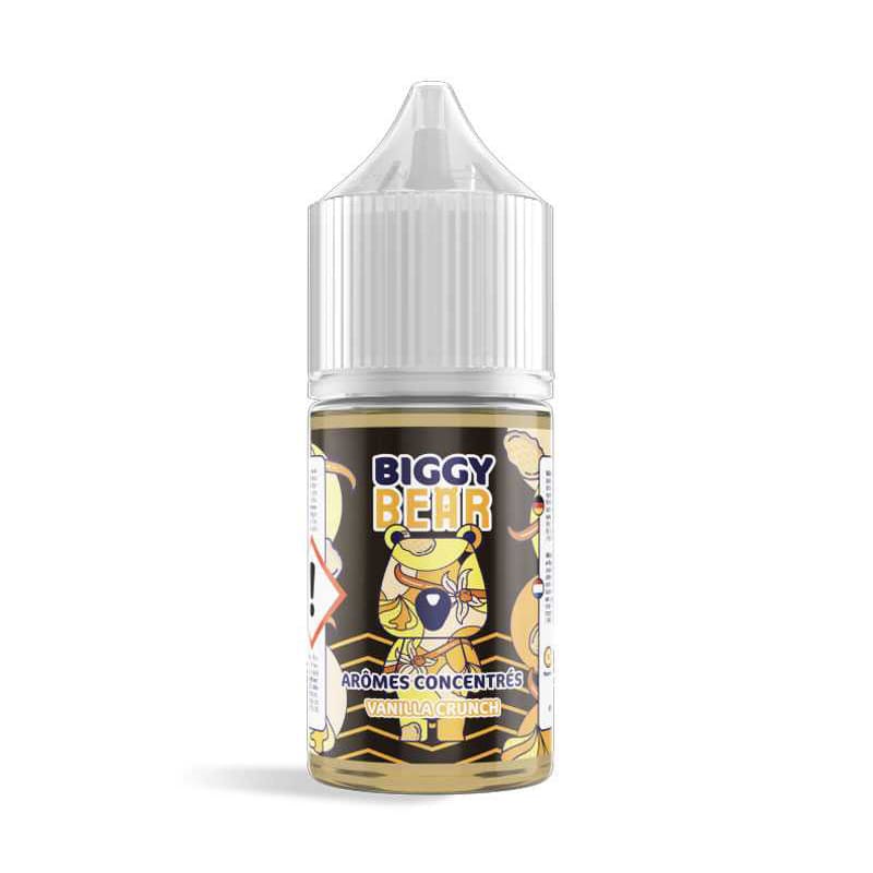Flacon de 30ml d'arôme concentré Biggy Bear Vanilla Crunch avec étiquette illustrée d'un ours sur fond noir et doré.