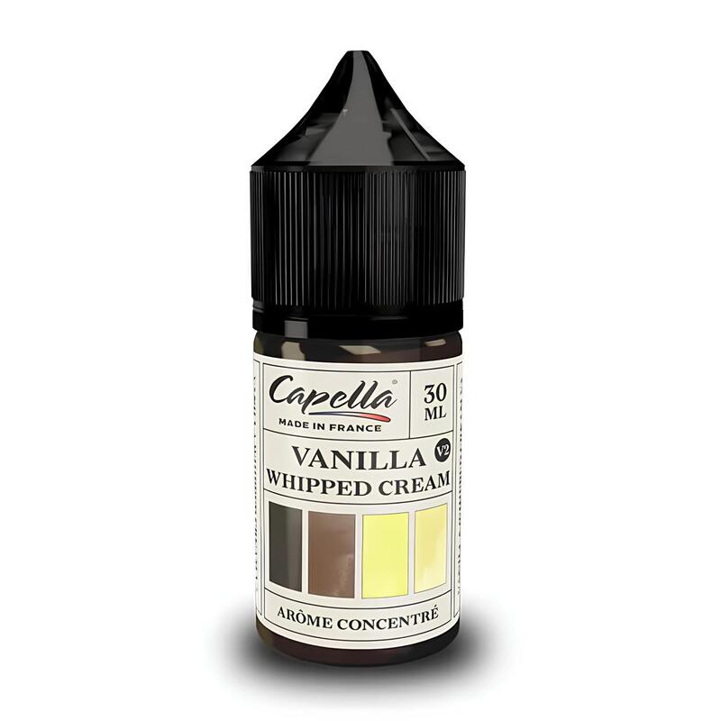 Flacon de 30 ml d'arôme concentré Capella Vanilla Whipped Cream V2 avec bouchon noir et étiquette descriptive.