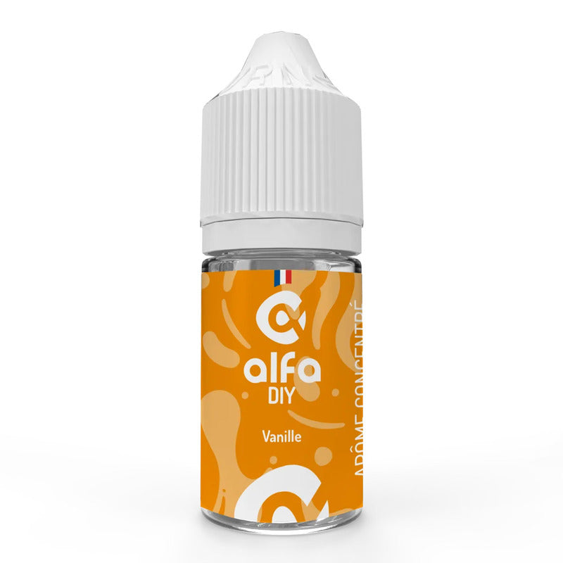 Flacon de 30ml d'arôme concentré Alfa DIY Vanille avec étiquette orange et bouchon blanc sur fond blanc.