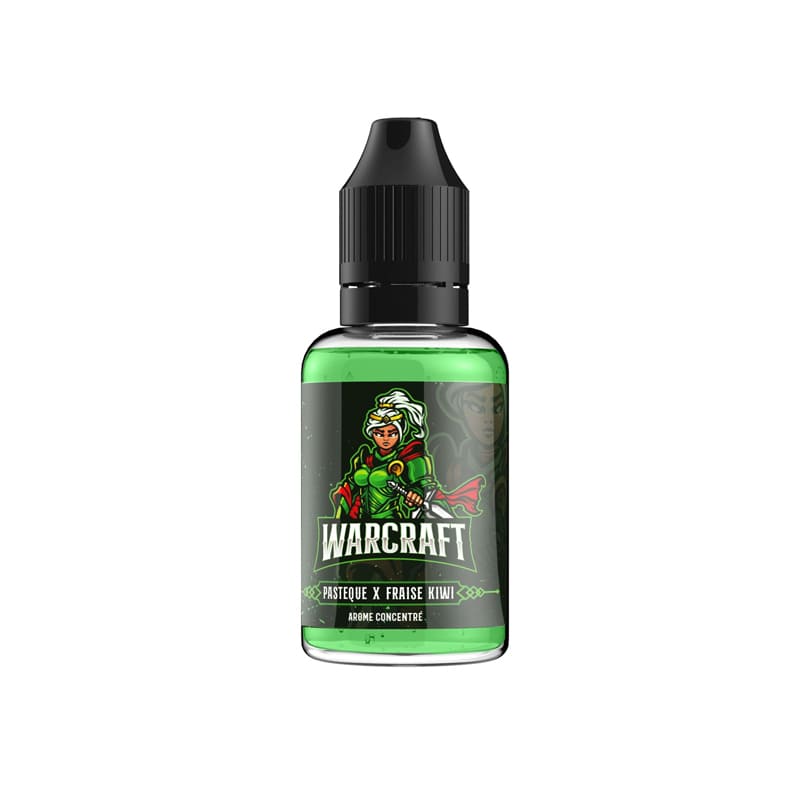 Flacon de 30 ml d'arôme concentré Warcraft Xcalibur avec liquide vert et étiquette illustrée d'une guerrière.