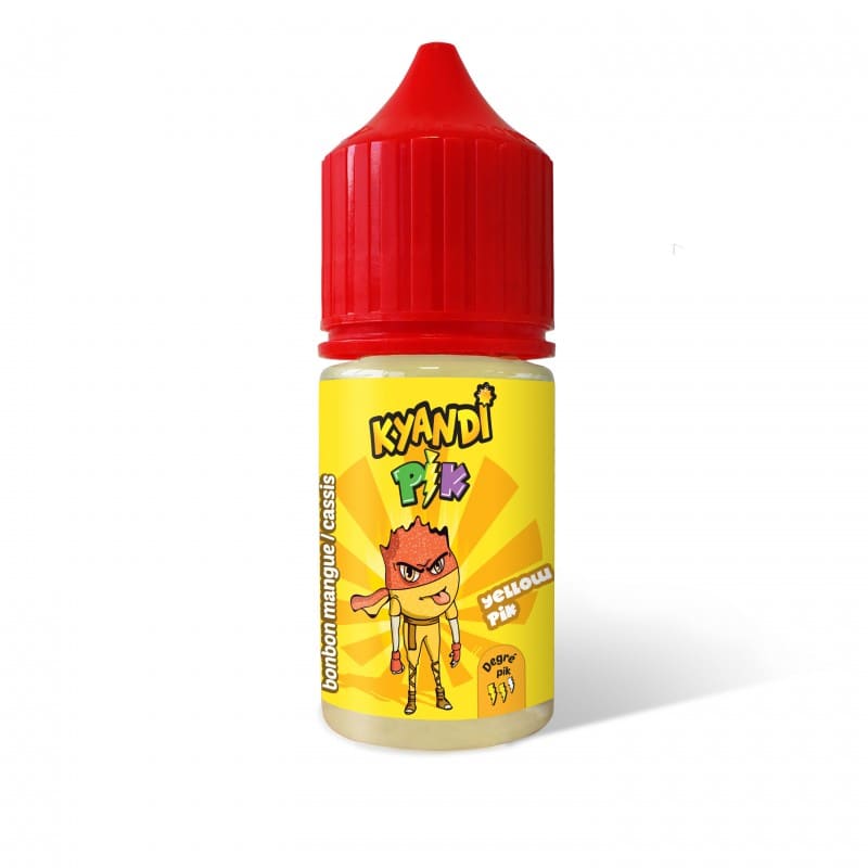 Flacon de 30ml d'arôme concentré Yellow Pik Kyandi Shop avec bouchon rouge et étiquette jaune illustrée.