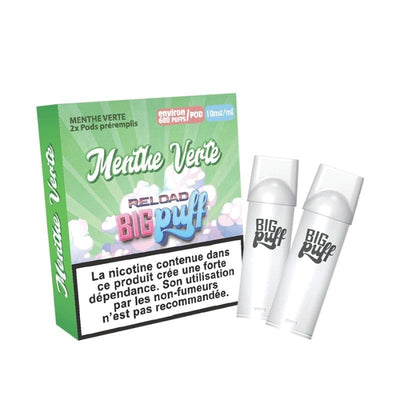 BIG PUFF Reload - Pack de 2 Cartouches 2 ml 600 Puffs 0 mg Menthe Verte | VAPEVO