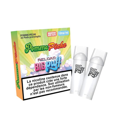 BIG PUFF Reload - Pack de 2 Cartouches 2 ml 600 Puffs 0 mg Pomme Pêche | VAPEVO