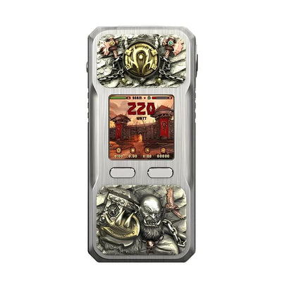 Box mod BD Vape Rayden 220 Orgrim édition limitée en métal brossé avec écran couleur et gravures guerrières orques.