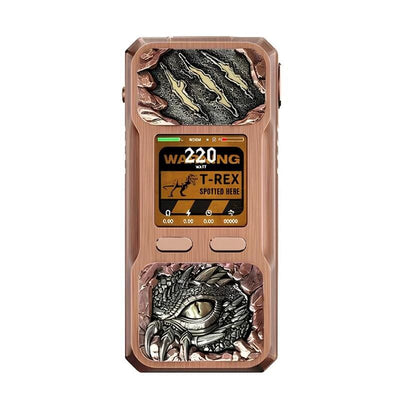 Box mod BD Vape Rayden 220 T-Rex en métal cuivré avec gravures de dinosaure et écran numérique haute performance.