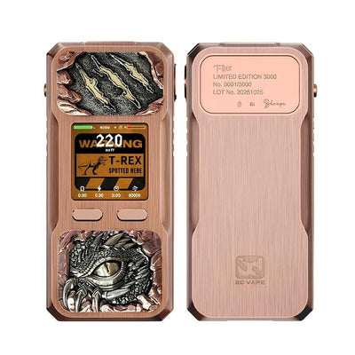 Box Mod BD Vape Rayden 220 T-Rex en métal cuivré avec écran couleur, gravures de dinosaure et détails artisanaux.