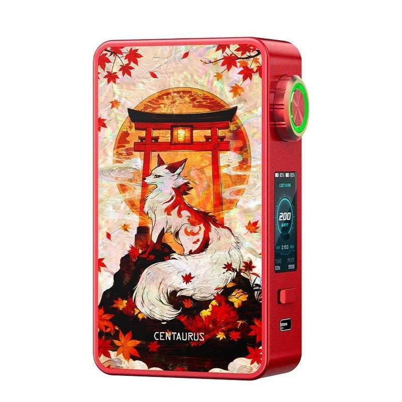 Box mod Lost Vape Centaurus M200 rouge avec illustration japonaise de renard et torii, écran digital et bouton rotatif.