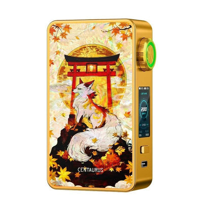Box mod Lost Vape Centaurus M200 dorée avec panneau illustré d'un renard et d'un torii, écran et bouton rotatif.