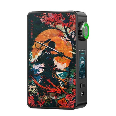 Box mod Lost Vape Centaurus M200 avec design samouraï coloré, châssis noir et bouton rotatif multifonction lumineux.