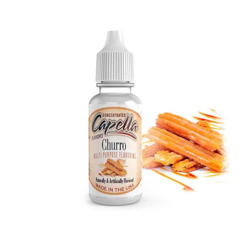 Flacon de 10ml d'arôme concentré Capella saveur Churro avec étiquette illustrée et churros dorés en arrière-plan.