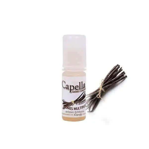 Flacon de 10ml d'arôme concentré Simply Vanilla Capella avec son étiquette blanche et un fagot de gousses de vanille.