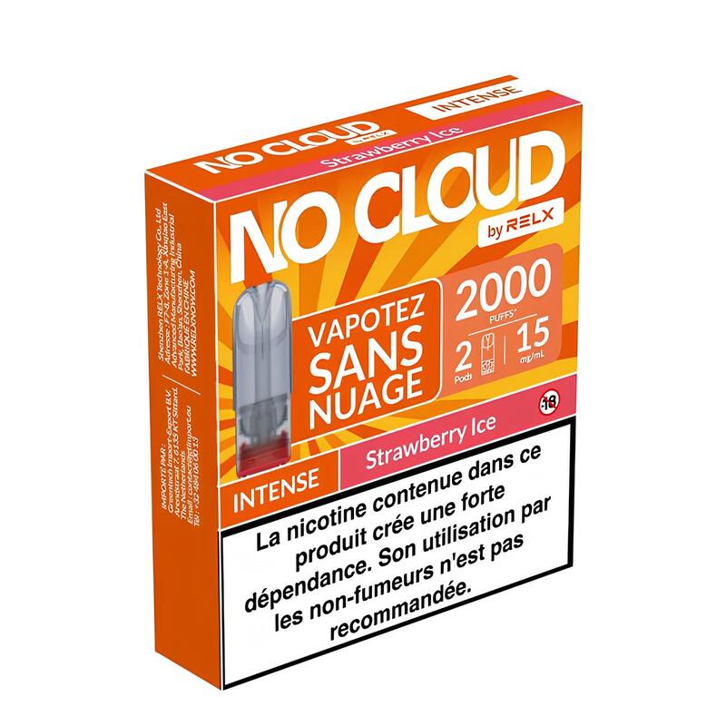 Boîte de 2 cartouches RELX No Cloud Intense Strawberry Ice, pods préremplis de 2ml avec nicotine 15mg/ml.