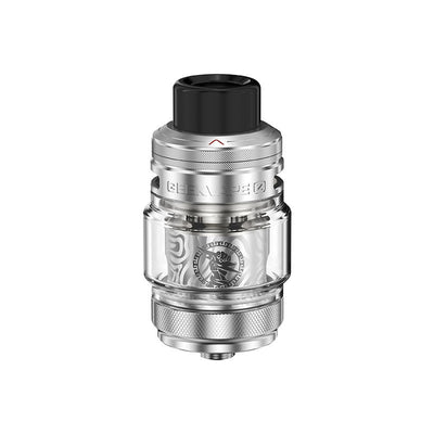 Clearomiseur Geekvape Z Subohm 5 argenté en acier inoxydable avec réservoir en pyrex et logo Zeus gravé.