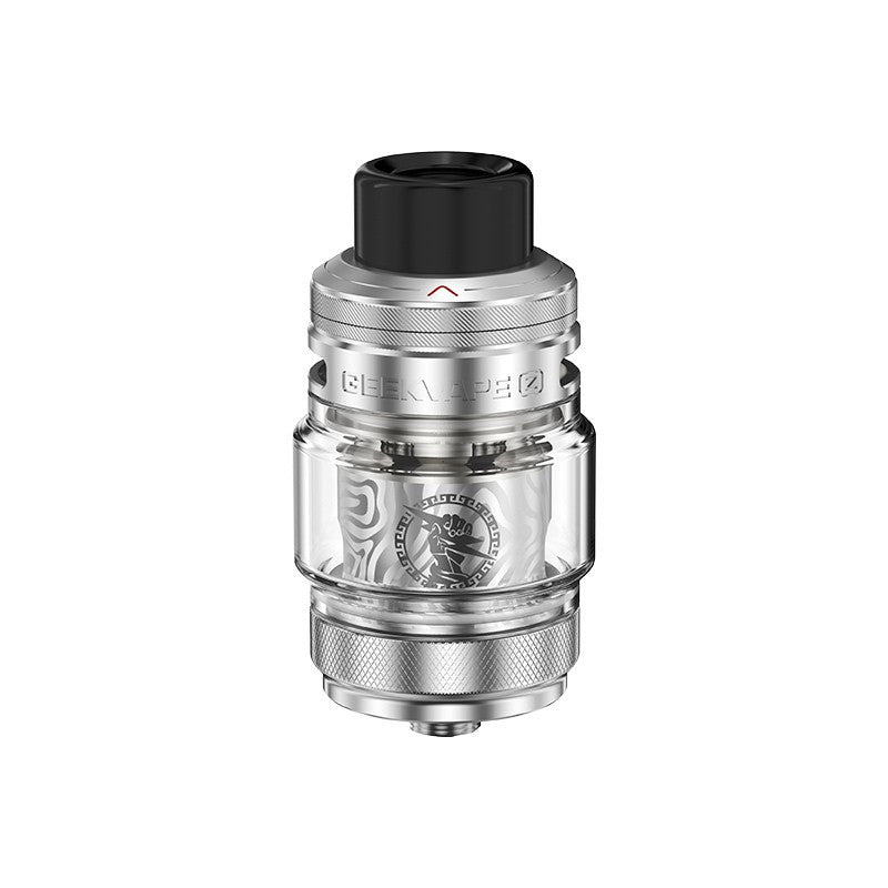 Clearomiseur Geekvape Z Subohm 5 argenté en acier inoxydable avec réservoir en pyrex et logo Zeus gravé.