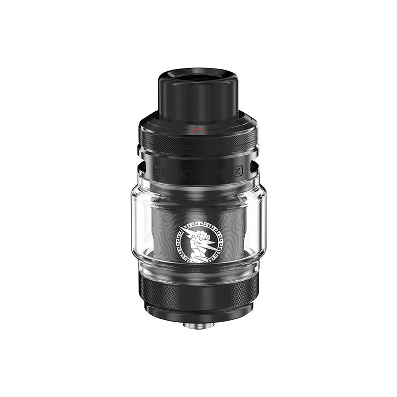 Clearomiseur Geekvape Zeus Sub Ohm noir avec réservoir en pyrex, airflow supérieur et logo Zeus gravé sur la résistance.