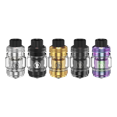 Cinq clearomiseurs Geekvape Z Subohm 5 de 29mm en coloris argent, noir, or, gris et arc-en-ciel.