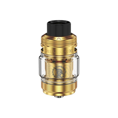 Clearomiseur Geekvape Z Subohm 5 doré de 29 mm avec réservoir en pyrex et logo Zeus gravé sur la résistance.