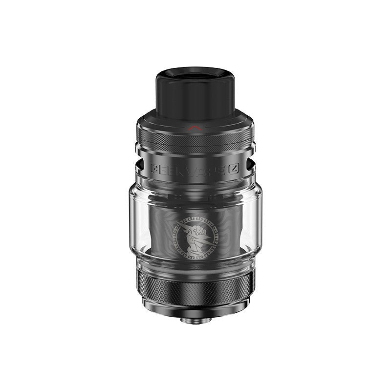 Clearomiseur Geekvape Zeus Sub Ohm noir avec réservoir pyrex bulbe, airflow supérieur et logo Zeus gravé sur la résistance.