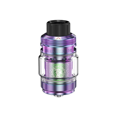 Clearomiseur Geekvape Z Subohm 5 violet métallique de 29 mm avec réservoir en pyrex et gravure Zeus distinctive.
