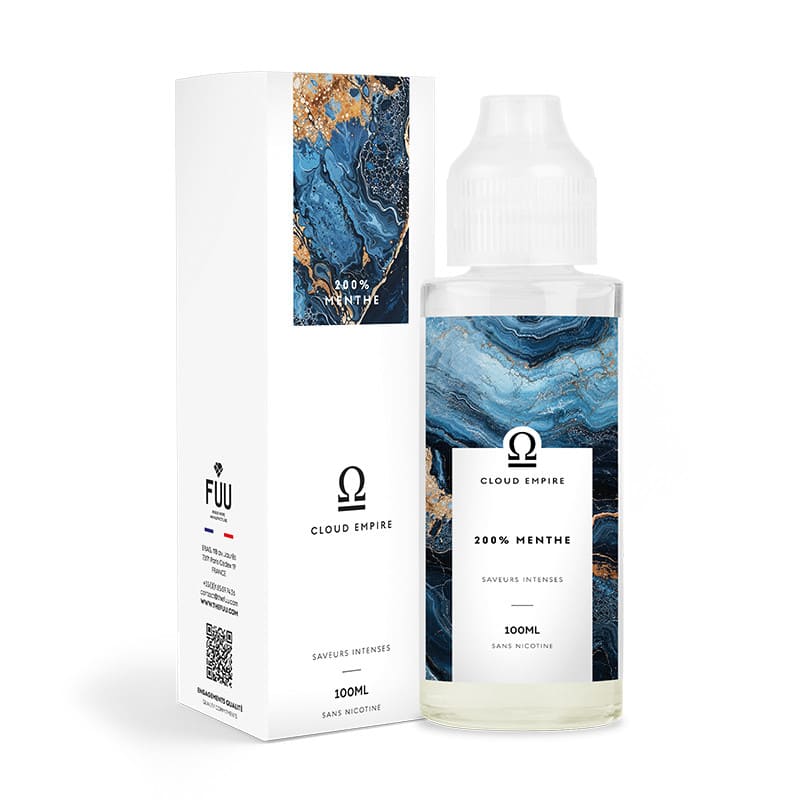 Flacon de 100ml et boîte d'e-liquide 200% Menthe Cloud Empire par FUU avec design bleu marbré et touches dorées.