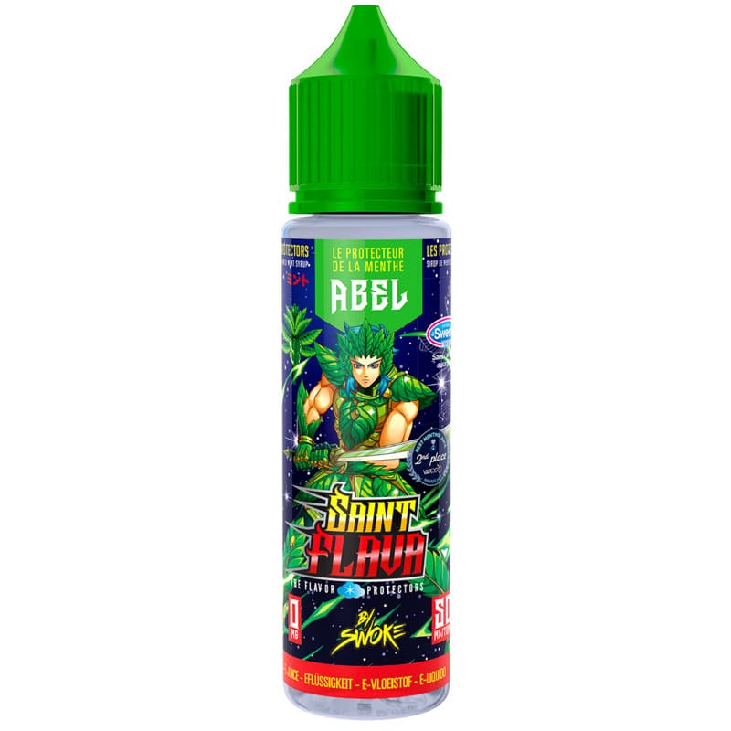 Flacon de 50ml Swoke Saint Flava Abel avec bouchon vert, illustré d'un guerrier inspiré de la menthe Shinto sur fond étoilé.