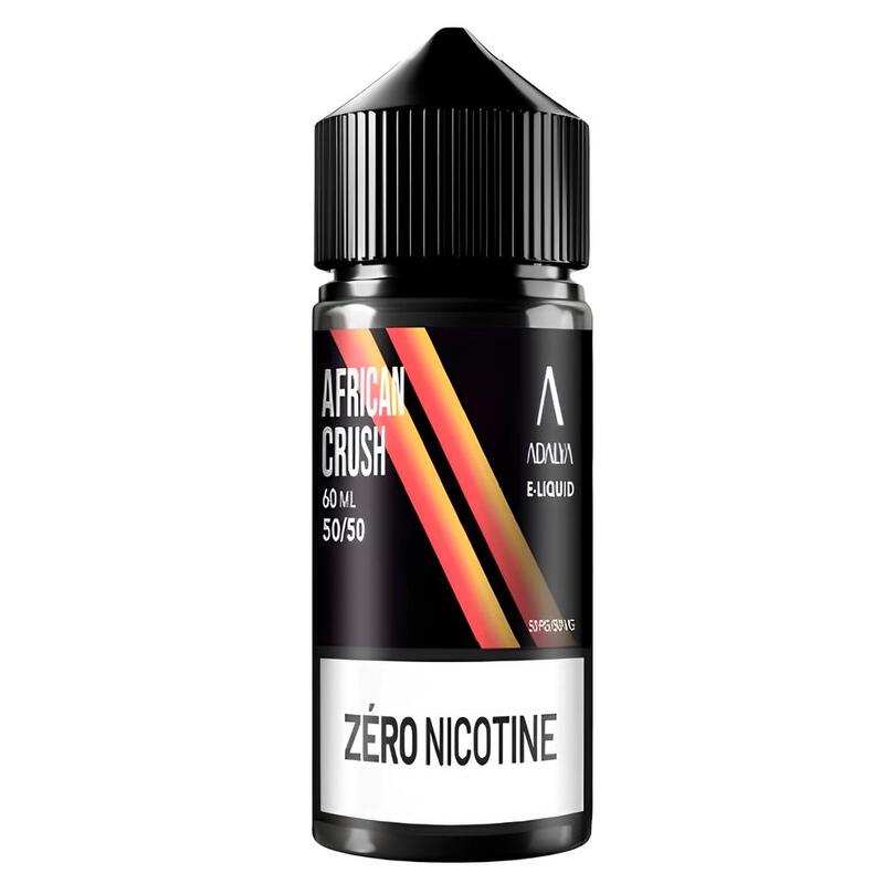 Flacon d'e-liquide Adalya African Crush 60ml avec étiquette noire, lignes orange et inscription Zéro Nicotine.