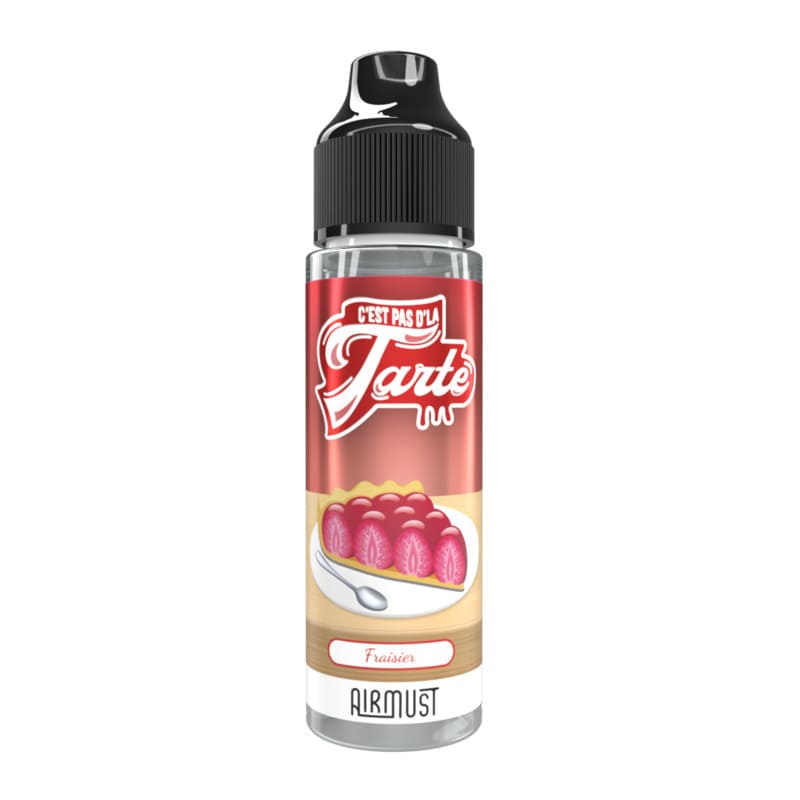 Flacon d'e-liquide 50ml AIRMUST Fraisier V2 avec étiquette rouge illustrée d'une tarte aux fraises et bouchon noir.